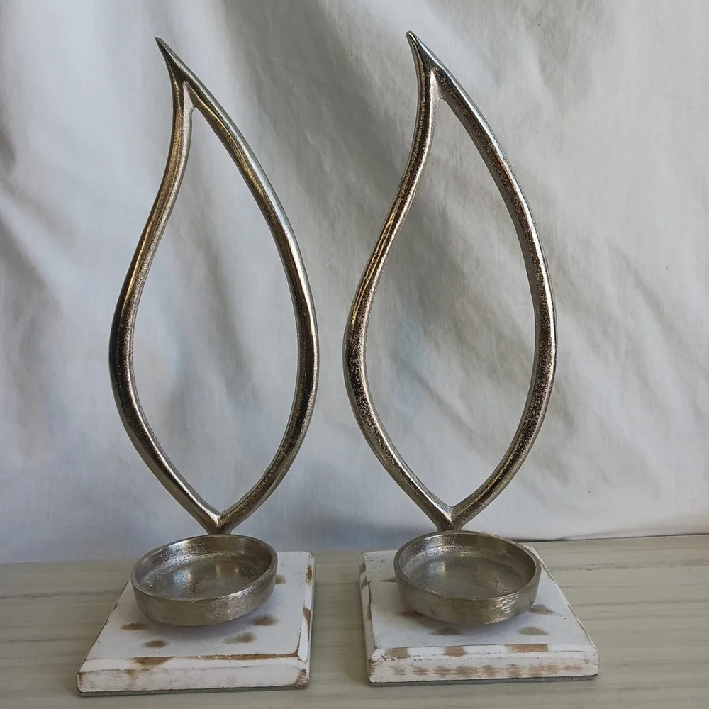 Old East Main Co Metal Wood Candle Holder Flame Shaped